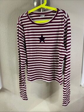 Striped Maroon & White Star Long Sleeve Top